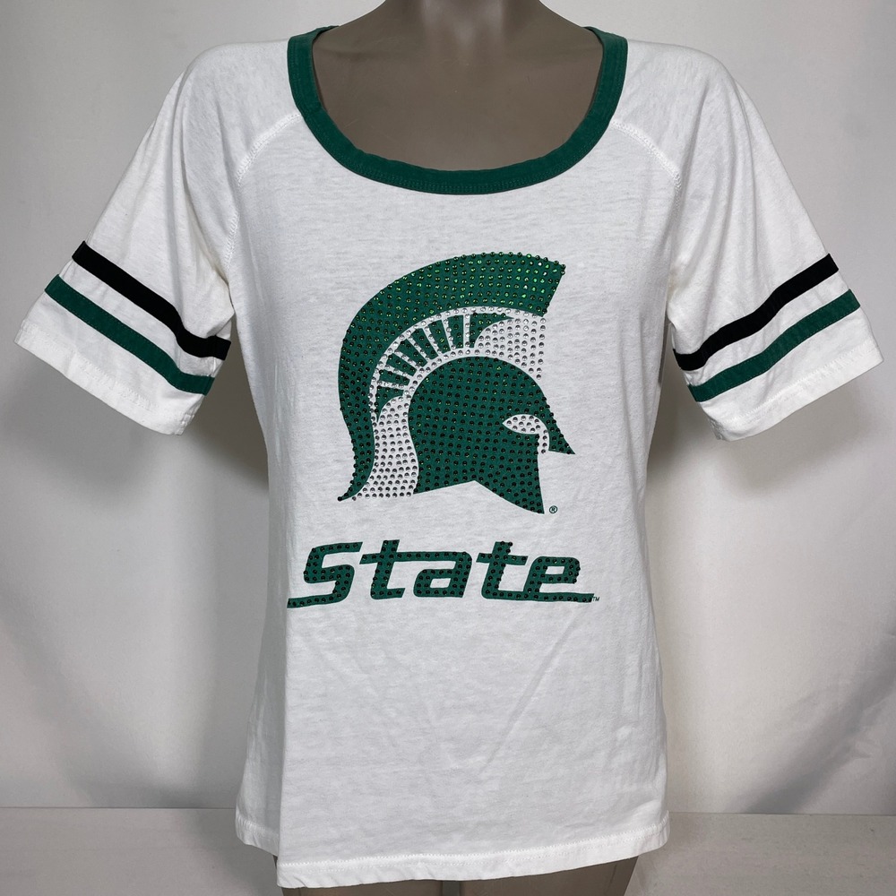 Michigan State Spartans NCAA Rhinestone E5 White Green T-Shirt Women's XL